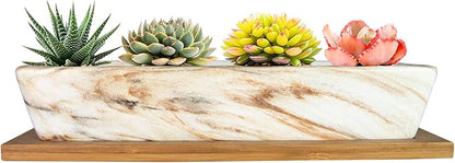 ARTKETTY Succulent Pots, 9.8 Inch Ceramic Succulent Planters with Drainage Small Bonsai Pot with Bamboo Tray, Mini Cactus Flower Planter Pot Shallow Rectangular Window Planters for Indoor Plants