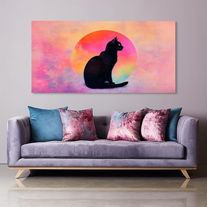 Black Cat Canvas Wall Art - Pink & Purple Sunset Landscape Painting with Silhouette Cat, Cute Retro Cartoon Cat Poster Painting Abstract Animal Wall Décor for Living Room Kid's Girls Bedroom Nursery Ready to Hang 30L x 16W (30x60 Inches)