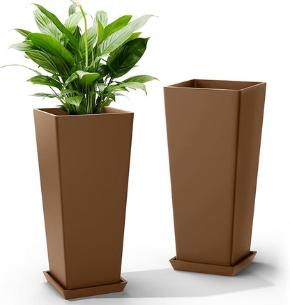 24 Inch Tall Tapered Square Planters (Set of 2) - Indoor Outdoor Large Flower Pots with Built-in Drainage & Matching Water Tray for Patio, Garden, Home - Brown