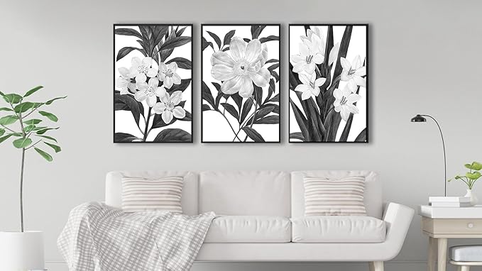 Large Framed Flower Wall Art - Blooming Floral Wall Decor 24"x36" Set of 3 Black and White Painting Prints Vintage Botanical Canvas Pictures for Living Room Bedroom Office Artwork