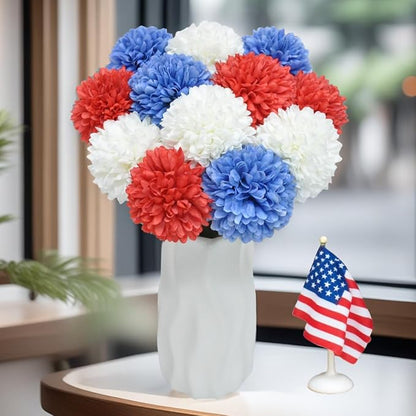 Artificial Flowers Chrysanthemum Ball Flowers 4th of July 12pcs Bouquet Present for Important People Glorious Moral for Home Office Coffee House Deco Parties and Wedding(White&Red&Blue)