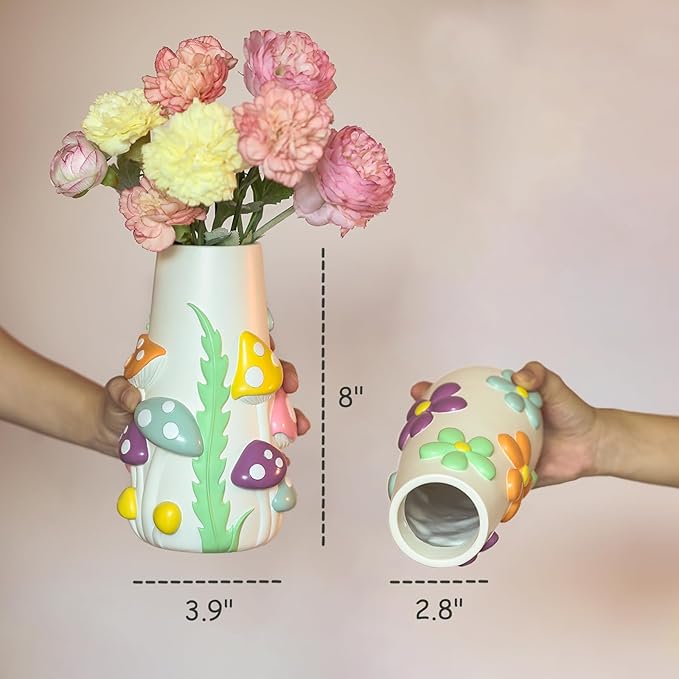 GUGUGO Mushrooms Vase for Flower, 8 Inch Tall Rainbow Funky Mushroom Decor, Unique Vases for Flowers, Cute Room Decor Aesthetic (B)