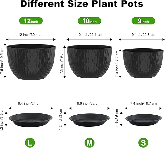 12/10/9 Inch Planter Pots, 3-Pack Large Flower Pots for Indoor Outdoor Garden Plants, Big Plant Pots with Multi Mesh Drainage Holes and Saucer (Black, 12"+10"+9")