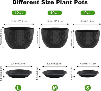 12/10/9 Inch Planter Pots, 3-Pack Large Flower Pots for Indoor Outdoor Garden Plants, Big Plant Pots with Multi Mesh Drainage Holes and Saucer (Black, 12"+10"+9")