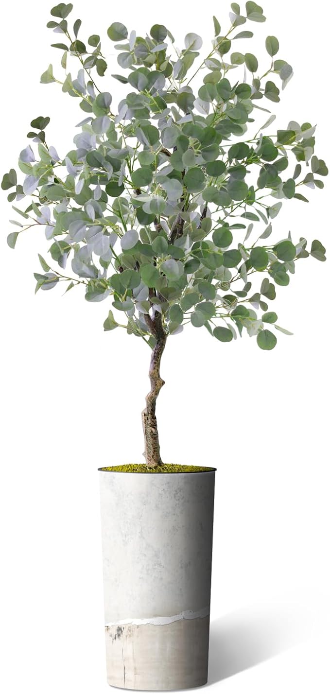 Artificial Tree in Gray Tan Watercolor Abstract Planter, Fake Eucalyptus Silk Tree for Indoor and Outdoor Home Decoration - 66" Overall Tall (Plant Pot Plus Tree)