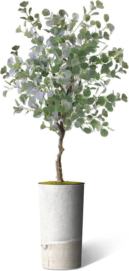 Artificial Tree in Gray Tan Watercolor Abstract Planter, Fake Eucalyptus Silk Tree for Indoor and Outdoor Home Decoration - 66" Overall Tall (Plant Pot Plus Tree)