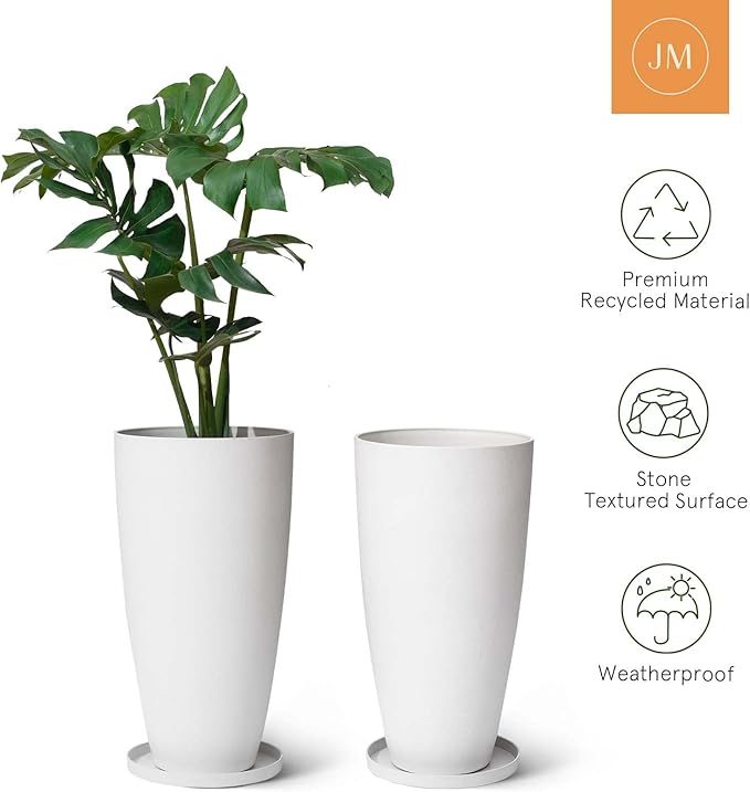 LA JOLIE MUSE 27 Inch Tall White Planters,Set of 2 Tall Round Planters for Indoor Plants with Trays,Modern Tree Planters for Front Door and Patio Deck