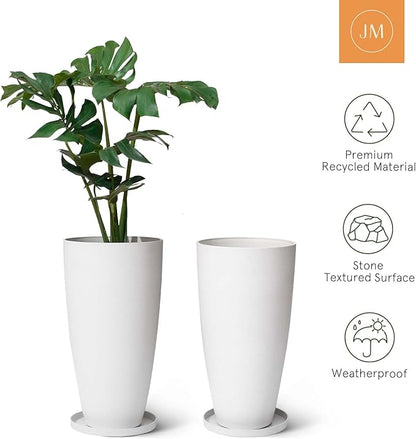 LA JOLIE MUSE 27 Inch Tall White Planters,Set of 2 Tall Round Planters for Indoor Plants with Trays,Modern Tree Planters for Front Door and Patio Deck