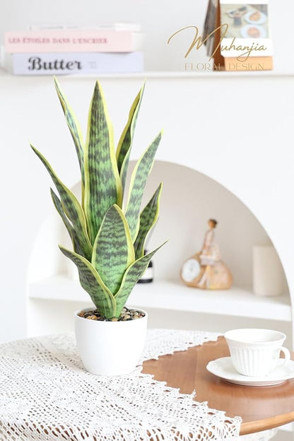 18.5" Artificial Snake Plant Potted,Fake Sansevieria Floor Plant Real Looking with White Planter for Centerpiece Home Decor (Yellow&Green)
