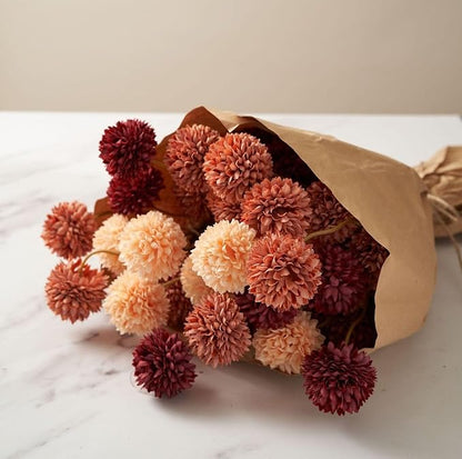 RyddeligHome Fall Flowers, Burnt Orange Faux Kiku Flowers Artificial 10 Stems + Eucalyptus, Fake Red Orange Mums Floral Centerpiece, Terracotta Mini Balls Faux Stems for Vase, Decoración de Otoño