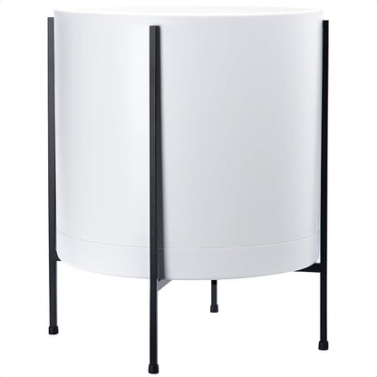 D'vine Dev 16 Inch White Planter Pot with Stand – Modern Plastic Cylinder Flower Pot with Heavy-Duty Metal Stand for Indoor Plants, 55-D-A-5