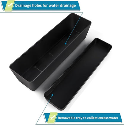 Skelang 2 Pcs Rectangular Plant Pot, 16.7" Flower Planter Box with Drainage Hole, Windowsill Container with Tray for Succulents, Herbs, Cacti, Black