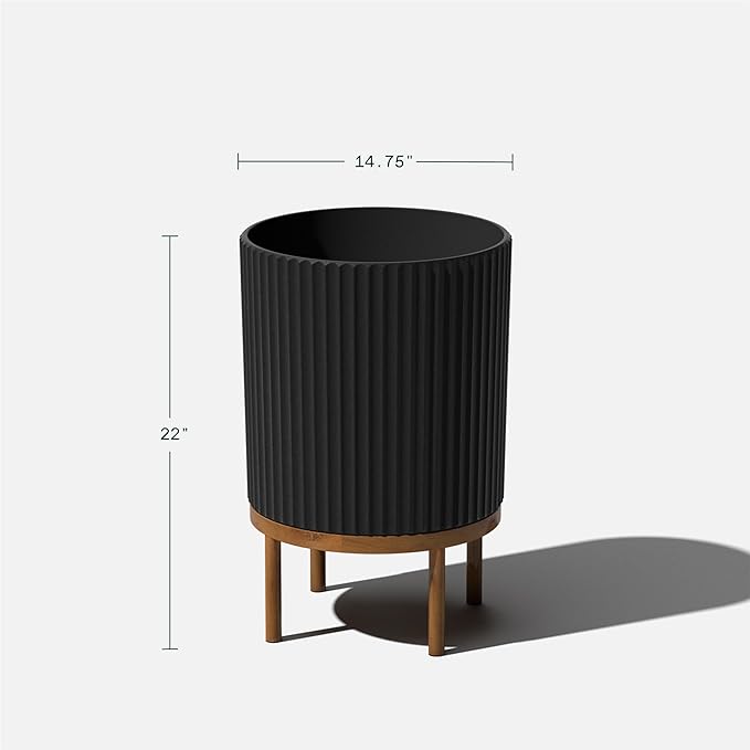 Veradek Demi Series Round Planter w/Stand for Porch/Patio | Durable Plastic-Stone Composite & Wooden Stand | Modern Décor for Tall Plants, Flowers