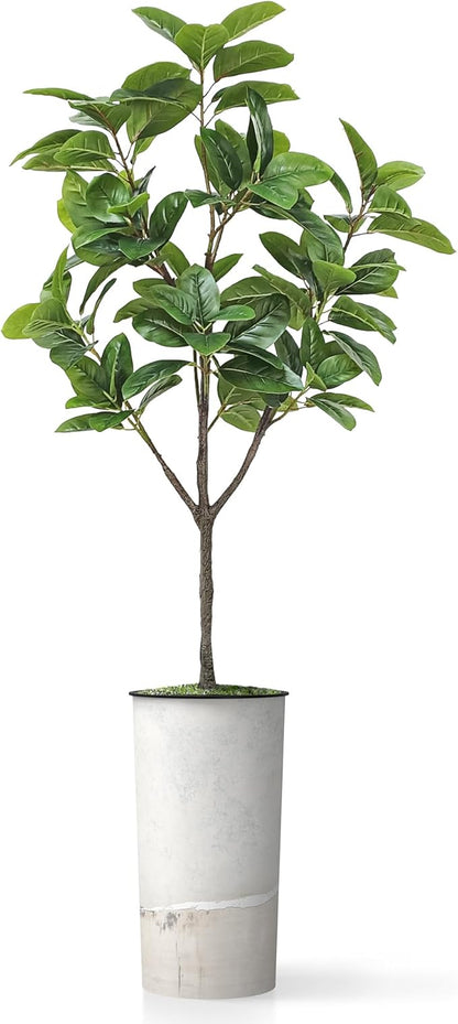 Artificial Tree in Gray Tan Watercolor Abstract Planter, Fake Magnolia Tree for Indoor and Outdoor Home Decoration - 70" Overall Tall (Plant Pot Plus Tree)