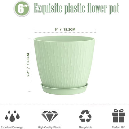6 Inch Plant Pots, 6 Pack Flower Pots for Indoor and Outdoor Use, Planters with Drainage Holes and Saucers, Green