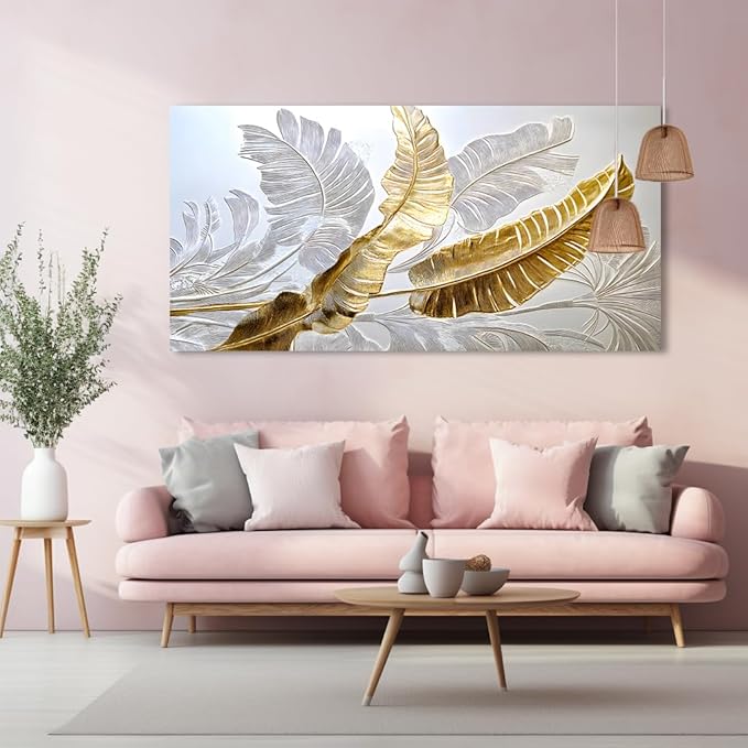 Gold Silver Leaf Canvas Wall Art Golden Silver Palm Leaves Art Painting Abstract Leaf Landscape Painting Textured Modern Aesthetic Nature-Inspired Metallic Leaf Picture Artwork for Living Room, Bedroom & Office, Ready to Hang (16x32 Inches)