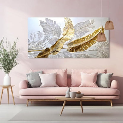 Gold Silver Leaf Canvas Wall Art Golden Silver Palm Leaves Art Painting Abstract Leaf Landscape Painting Textured Modern Aesthetic Nature-Inspired Metallic Leaf Picture Artwork for Living Room, Bedroom & Office, Ready to Hang (16x32 Inches)