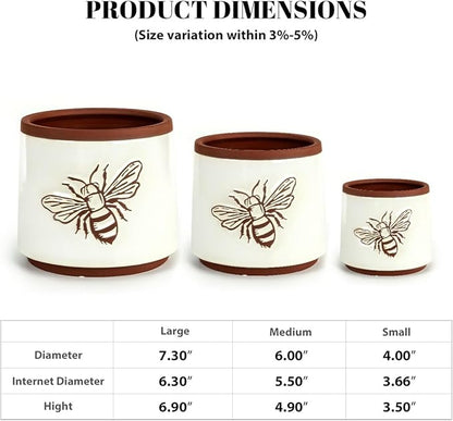 YBX Terracotta Pots Inch with Drainage Holes, Bee Decor, Ceramic Pots for Indoor Plants Flower Pots Outdoor, Succulent, Herbs, Snake Plants (White, 8+6+4 Inch)