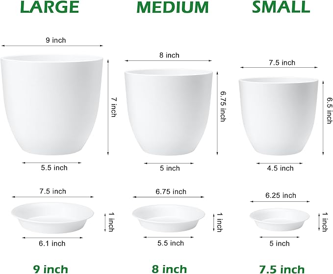 Plastic Plant Pots 9/8/7.5 inch Set of 3, Indoor Planters with Drainage Holes and Tray, Thickened Plastic Flowers Pots for Indoor Outdoor Garden Plants and Flowers, White