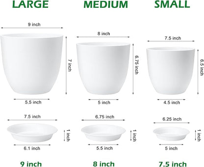 Plastic Plant Pots 9/8/7.5 inch Set of 3, Indoor Planters with Drainage Holes and Tray, Thickened Plastic Flowers Pots for Indoor Outdoor Garden Plants and Flowers, White