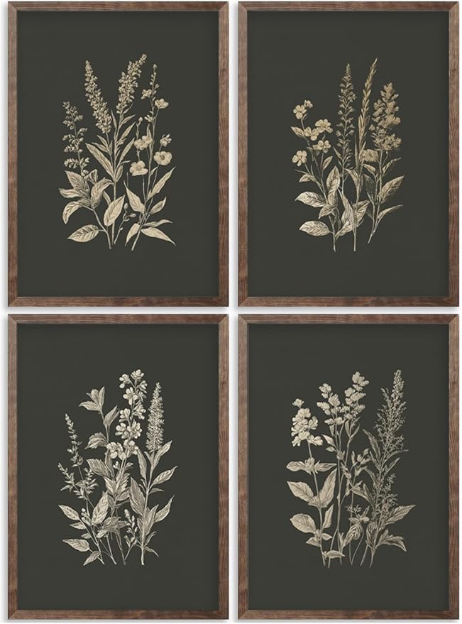4Pcs Vintage Flowers And Plants Wall Art Dark Green Flower Painting Picture Flower Bouquet Wall Decor Minimalism Flowers Poster Print Artwork for Living Room Bedroom Home Decoration,Unframed