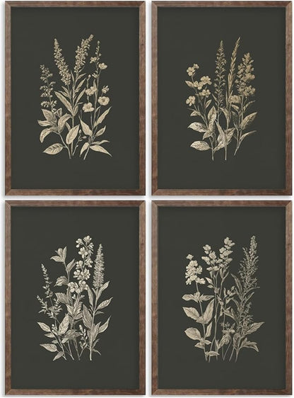 4Pcs Vintage Flowers And Plants Wall Art Dark Green Flower Painting Picture Flower Bouquet Wall Decor Minimalism Flowers Poster Print Artwork for Living Room Bedroom Home Decoration,Unframed