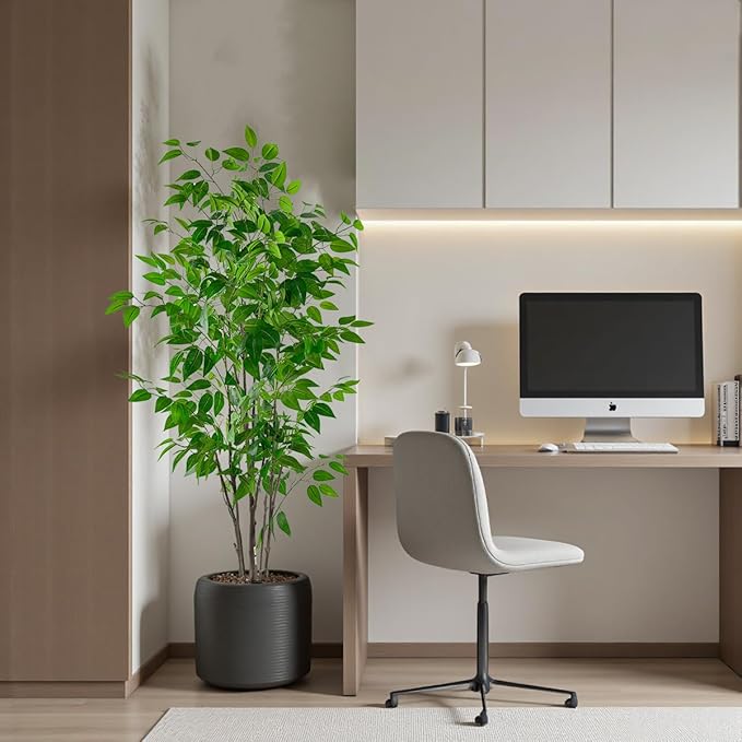 Artificial Ficus Tree with Green Leaves, 5ft Tall, Indoor Plant with Decorative Beige Planter