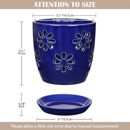 Oairse 6 inch Orchid Pots with Holes, Royal Blue Ceramic Orchid Pot for Repotting Small Indoor Plant Pots with Drainage Holes and Saucers Decorative Flower Planter for Orchids, Indoor Plant