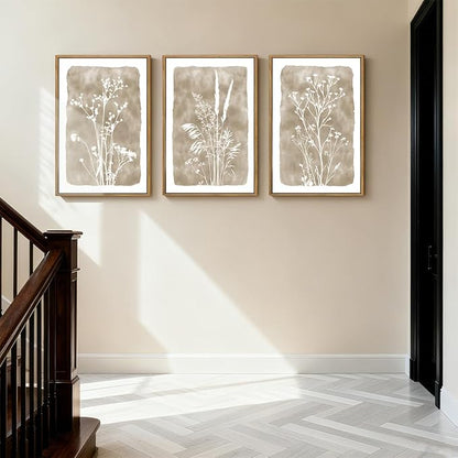 ANHUIB Beige Artwork 16x24 Inch Framed Beige Floral Wall Art Large Neutral Wildflower Wall Decor Vintage Plant Art Prints Set of 3 for Living Room Bedroom Office