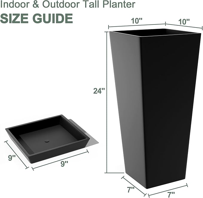 24" Set of 2 Tall Planters, Large Outdoor Flower Pots with Drainage Tray Modern Indoor Tapered Planter for Patio, Garden, Front Porch, Backyard (Black)