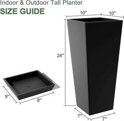 24" Set of 2 Tall Planters, Large Outdoor Flower Pots with Drainage Tray Modern Indoor Tapered Planter for Patio, Garden, Front Porch, Backyard (Black)