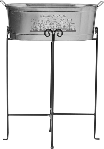 Let's Make Memories Personalized Planter Tub for Mom Grandma Wife - Custom Engraved Decorative Metal Flower Pot - Mothers Day from Family Daughter Son Kids - 5.5 Gallons - Tulip Design w/Stand
