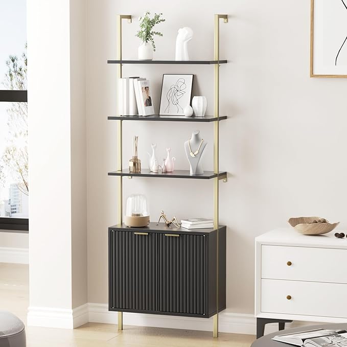 Ladder Bookshelf with Cabinet, 71" Tall Wall Mounted Bookcase with Shelves & Storage, Fluted Ladder Shelf with Metal Frame, 5-Tier Display Rack for Living Room, Home & Office, Bedroom, Black & Gold