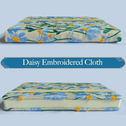 A5 Notebook, Flower Journal, Embroidered Notebook, 8"x6", Hardcover, Lay Flat, Lined, Wide Ruled Paper, Personalized Notebook, Pretty Journal, Daisy Gifts for Women, Blue, with Elastic Band