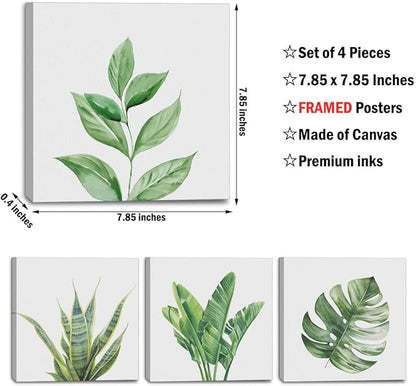4 Pcs Watercolor Plant Canvas Wall Art Framed Plants Decor Art Posters Pictures Wall Decor Tropical Plants Green Leaves for Decoration boho decor Artwork for Walls Home Bedroom Office