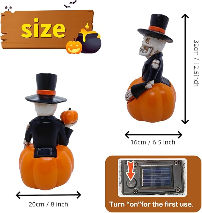 Solar Outdoor Decorations Wizard Skeleton with Pumpkin Figurine Lights, Fall Pumpkin Garden Decor for Yard Patio Porch Balcony, LED Skull Gothic Party Accessories, Home Gift for Thanksgiving Harvest