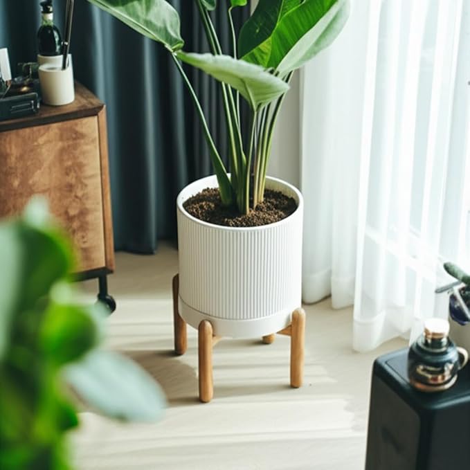 8 Inch Ceramic Planter with Natural Wood Stand w/Drainage & Saucer - Modern Indoor Planter for Cacti, Snake Plants & Aloe Vera