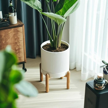 8 Inch Ceramic Planter with Natural Wood Stand w/Drainage & Saucer - Modern Indoor Planter for Cacti, Snake Plants & Aloe Vera