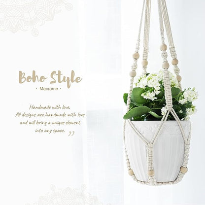 Mkono Macrame Plant Hanger Indoor Hanging Planter Basket with Wood Beads Decorative Flower Pot Holder No Tassels for Indoor Outdoor Boho Home Decor 35 Inch, Ivory, Set of 1 (POTS NOT Included)