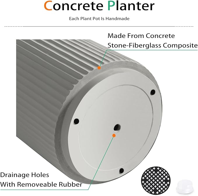 Round Concrete Planter Outdoor Indoor, Large Cement Plant Pots for Flowers (Vertical Gray, 12 inch)