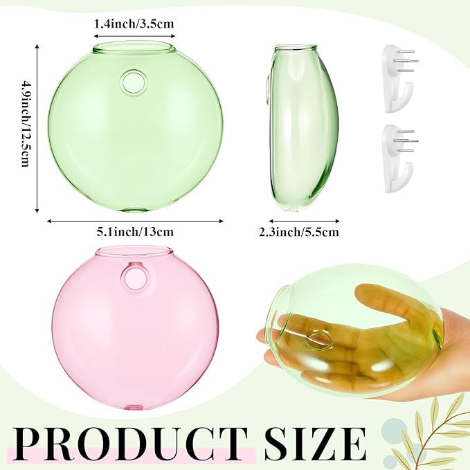 LemonRoad 2 Pcs Wall Hanging Glass Planter Gifts for Plant Lovers Pink Green Glass Terrariums Planter Oblate Wall Vases for Flowers Hydroponics Plant Propagation Station for Home Office Room Decor