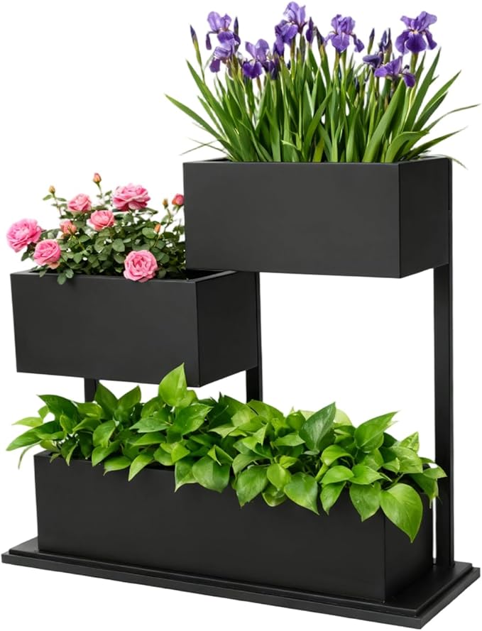 Geometric Metal Planter Box with Drainage Indoor Outdoor,Modern Black Steel Garden Planter 31.5x11.81x27.56in, Haevy Duty Raised Garden Bed Plant Pot for Patio Yard Garden Decoration