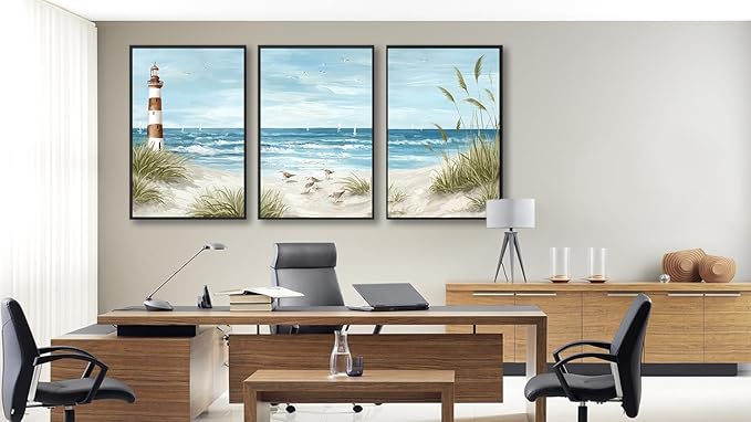Large Framed Coastal Wall Art - Summer Beach Lanscape Wall Decor Painting 20"x28" Set of 3 Seabird Lighthouse Prints Ocean Waves Canvas Pictures for Living Room Bedroom Office Artwork