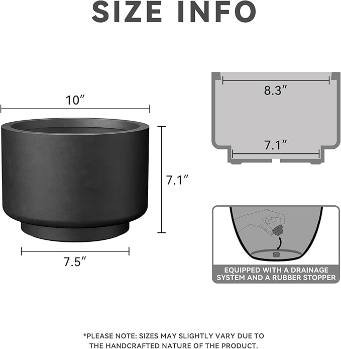 Kante 10 Inch Dia Concrete Planter, Round Pedestal Design Garden Pot for Indoor Outdoor Plants, Modern Flower Pot with Drainage Hole and Rubber Plug, Black