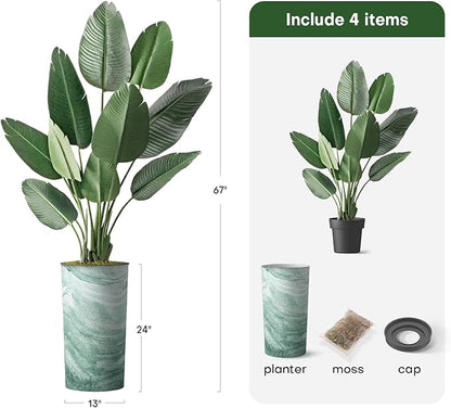 Artificial Tree in Green Watercolor Planter, Fake Bird of Paradise Silk Tree for Indoor and Outdoor Home Decoration - 67" Overall Tall (Plant Pot Plus Tree)