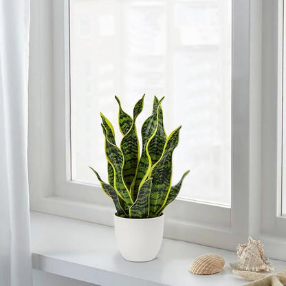Hollyone Artificial Snake Plant Potted Faux Sansevieria Trifasciata Plants, 16.5" Tropical Fake Snake Plants in White Pots for Home Office Room Indoor Decor Housewarming Gifts