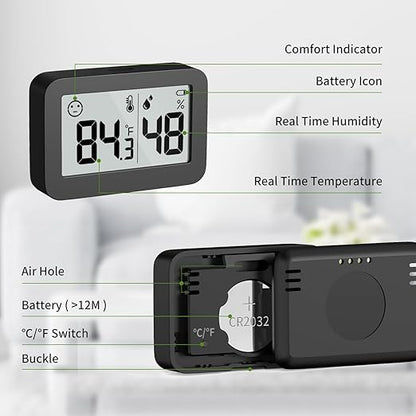 DOOMAY Mini Hygrometer Indoor Thermometer, Digital Humidity Gauge with Celsius Fahrenheit Switch Button,Humidity Meter Temperature Monitor for Babyroom Cellar Reptile Incubator Closet,2-Pack,Black