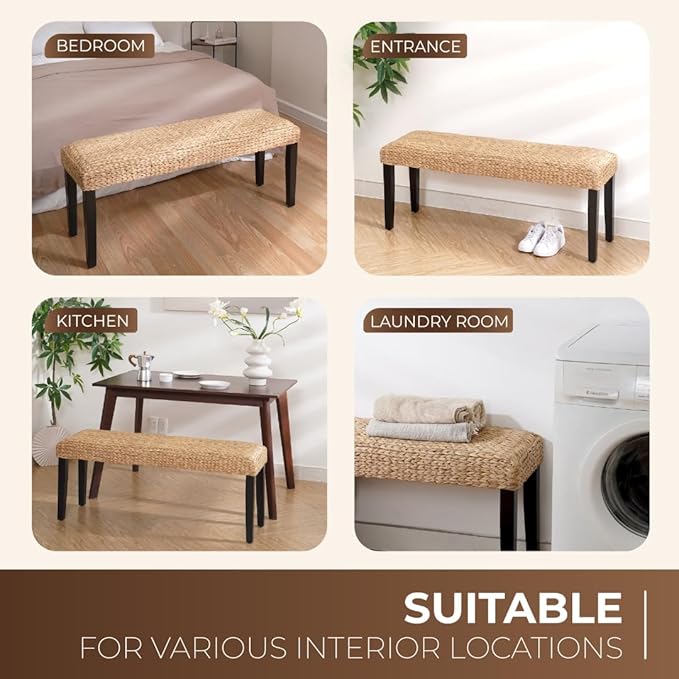 Solid Wood Acacia Indoor Bench with Natural Woven Seat, Wicker Bench Bed Boho, Wood Bench for Bedroom End of Bed or Benches Entryway for Living Room (Black Leg, Water Hyacinth)