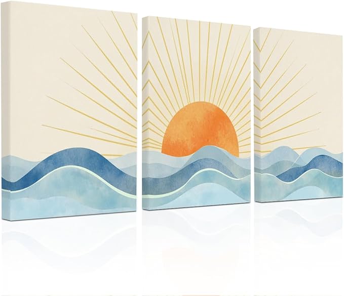 Boho Sun Ray Framed Canvas Wall Art Decor Set of 3, Neutral Geometric Sun Rising on the Sea Painting Artworks for Wall, Minimalist Art Picture for Home Living Room Bathroom Office, 11.4"x15"