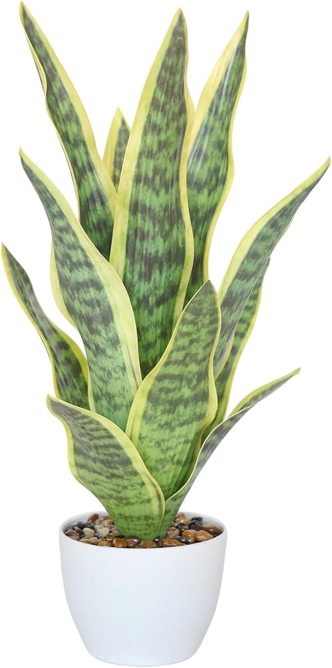 18.5" Artificial Snake Plant Potted,Fake Sansevieria Floor Plant Real Looking with White Planter for Centerpiece Home Decor (Yellow&Green)